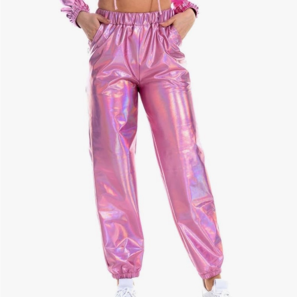 Pink Shiny Metallic High Waist Jogger Pants